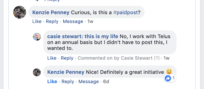 Facebook comment about a sponsored post on Casie Stewart's blog.